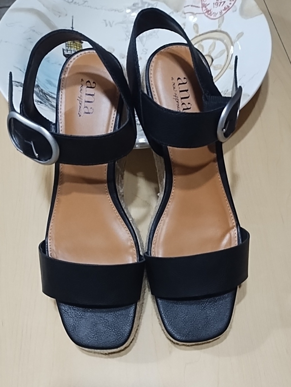 a.n.a Black Strappy Wedge Sandals with Silver Buckle Like New Size 8.5.